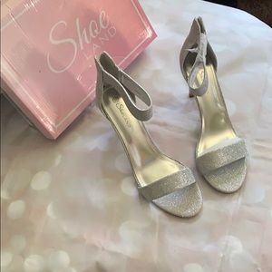 Shoeland silver ankle strap heels with back zipper